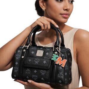 MCM Boston Satchel Black Visetos Monogram Vtg Leather Bag Gold Hardware